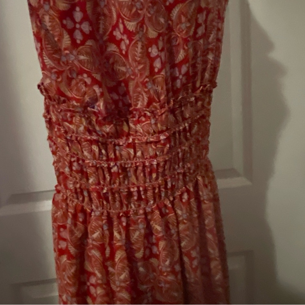Max Studio London Women's L  Red Boho Paisley Smocked Ruffle dresses - Picture 7 of 15